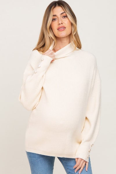 PinkBlush Cream Button Accent Turtleneck Maternity Sweater