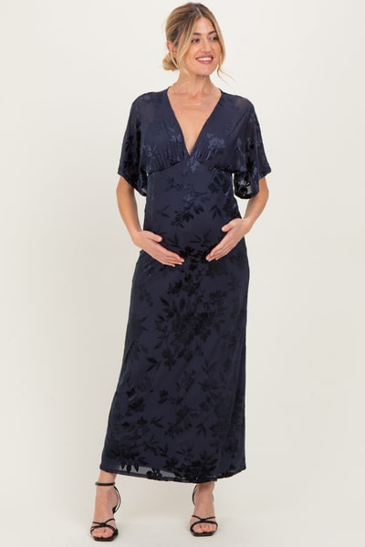 PinkBlush Navy Floral Velvet V-Neck Short Sleeve Maternity Maxi Dress