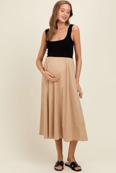 PinkBlush Beige Black Contrast Knit Poplin Sleeveless Maternity Midi Dress