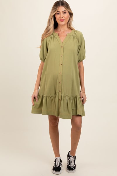 PinkBlush Light Olive Button Front Short Puff Sleeve Maternity Dress
