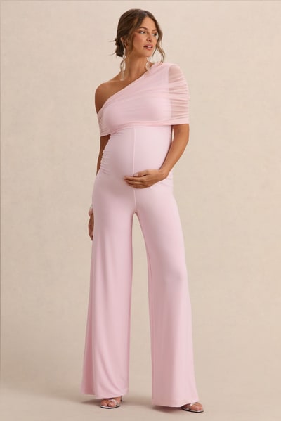 Club L London Mariska | Light Pink Asymmetric-Neck Maternity Jumpsuit With Sash Detail