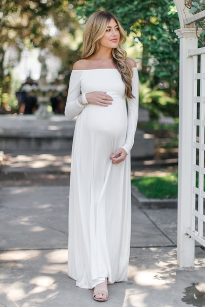 PinkBlush PinkBlush Tall Ivory Solid Off Shoulder Maternity Maxi Dress