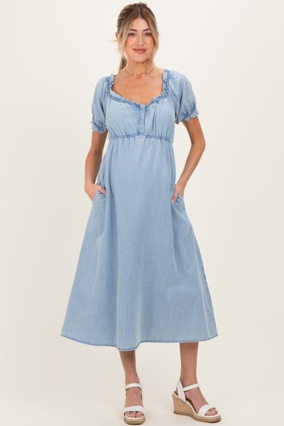 PinkBlush Light Blue Chambray Ruffle Neckline Maternity Midi Dress