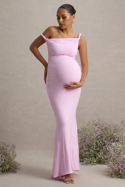 Club L London Lita | Pink Twisted Asymmetric Maternity Maxi Dress