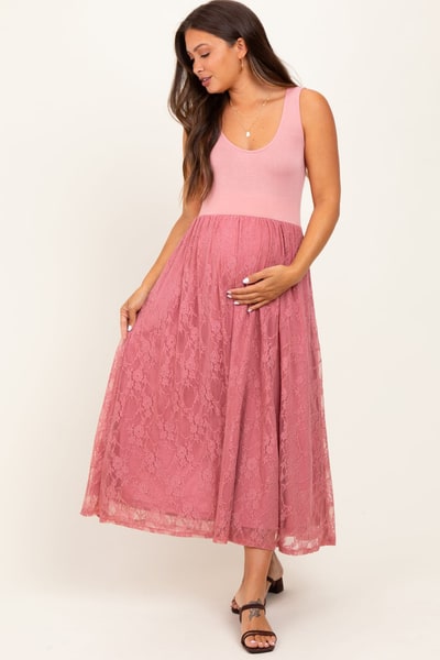 PinkBlush Mauve Solid Tank Top Lace Skirt Maternity Midi Dress