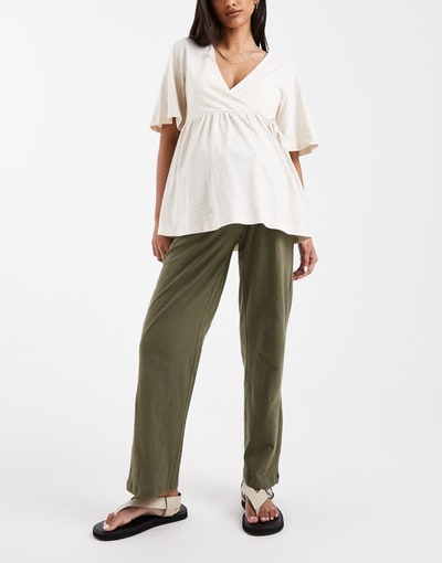 ASOS Mamalicious Maternity under the bump lightweight wide leg summer pants in dark khaki green