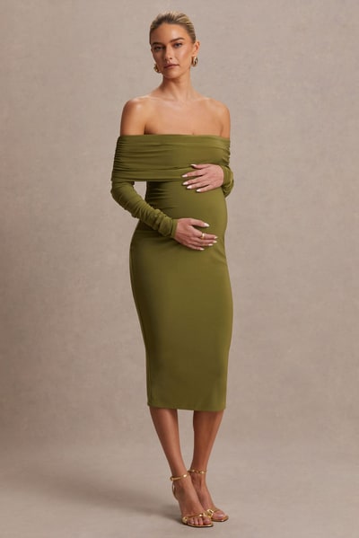 Club L London Elspeth | Olive Bardot-Neck Maternity Midi Dress