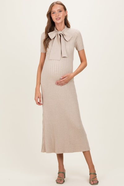PinkBlush Oatmeal Ribbed Knit Tie Neck Maternity Midi Dress
