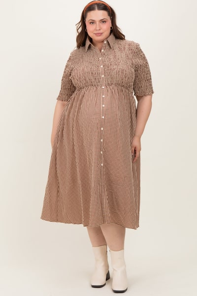 PinkBlush Mocha Gingham Smocked Button Down Maternity Plus Midi Dress