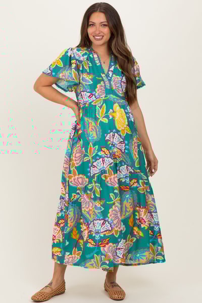 PinkBlush Emerald Boho Print Lace Trim Tiered Maternity Midi Dress