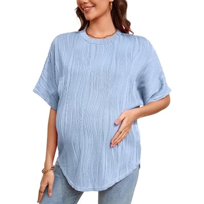 Target Womens Loose Fit Maternity Shirts Casual Lightweight Textured Short Sleeve Crew Neck Spring Summer Pregnancy Tops,Blue,M
