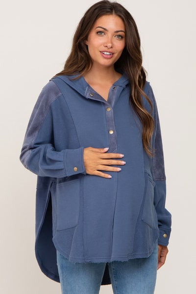 PinkBlush Blue Soft Mixed Knit Button Front Hooded Maternity Top