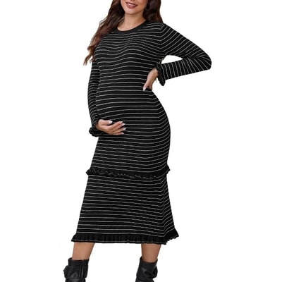 Target INSPIRE CHIC Women's Maternity Sweater Dress Stripped Ruffle Winter Warm Stretchy Knit Long Sleeve Maxi Dresses Small Black