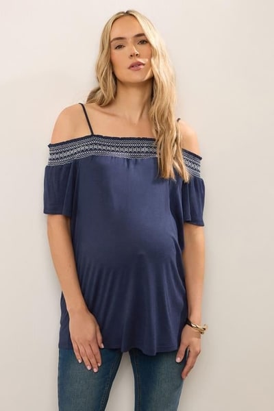 Yours Clothing LTS Tall Maternity Navy Blue Embroidered Bardot Top