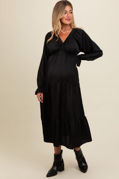PinkBlush Black Satin V-Neck Tiered Maternity Maxi Dress
