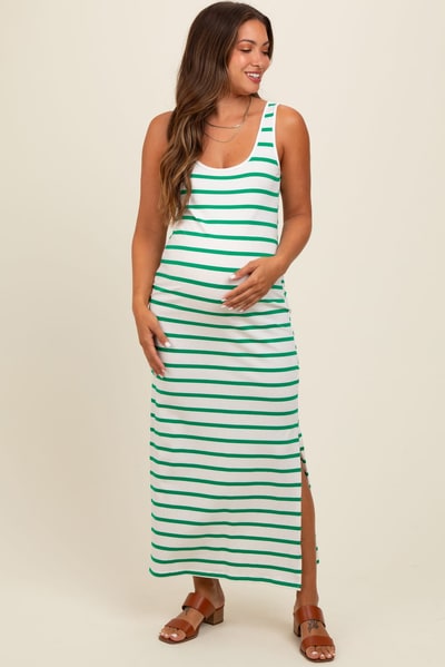 PinkBlush Green Striped Sleeveless Side Slit Maternity Maxi Dress
