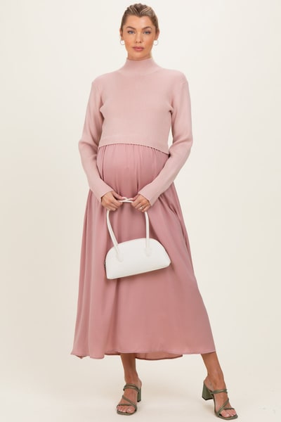 PinkBlush Mauve Knit Contrast Top Satin Maternity Midi Dress