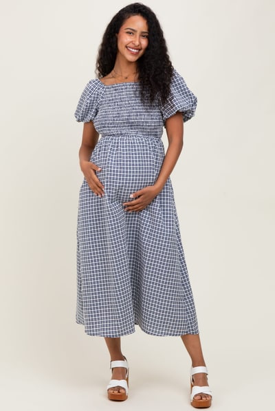 PinkBlush Navy Textured Plaid Pen Back Maternity Midi Dress