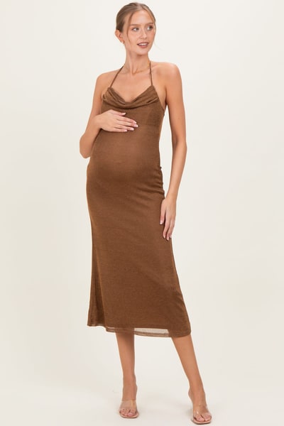 PinkBlush Brown Halter Cowl Neck Maternity Midi Dress