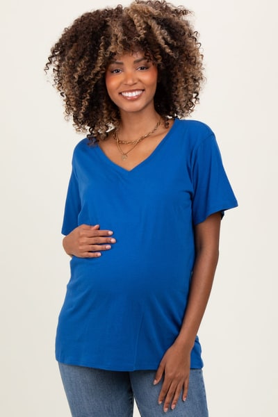 PinkBlush Royal Blue Oversized V-Neck Short Sleeve Maternity Tee
