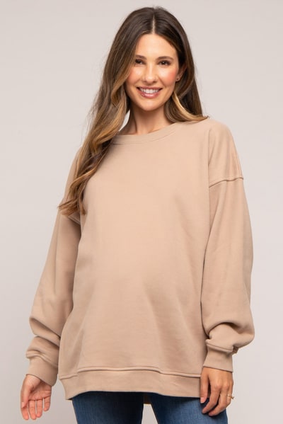 PinkBlush Beige Soft Knit Fleece Lined Maternity Sweatshirt