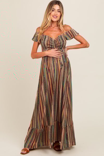 PinkBlush Multicolor Off Shoulder Cinched Maternity Maxi Dress