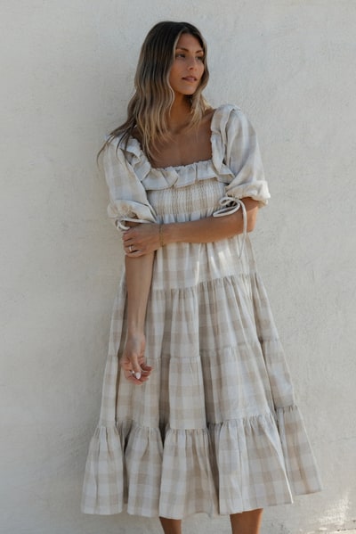 Worth Collective Clea Dress in Natural Plaid - Bump Friendly