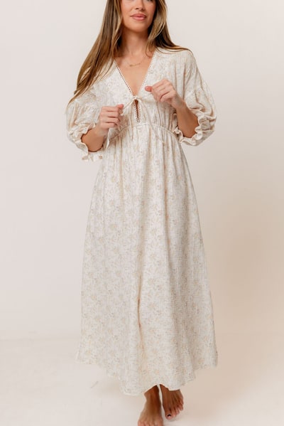 Worth Collective Hunter 100% Cotton Midi Dress with Trimming in Muted Blush Floral - Bump Friendly
