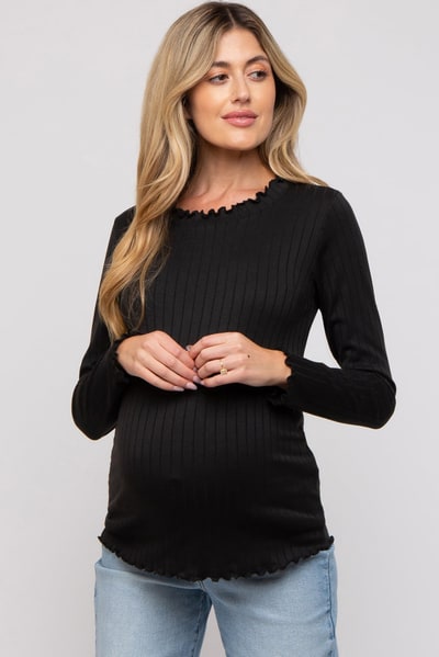PinkBlush Black Rib Knit Lettuce Trim Maternity Long Sleeve Top