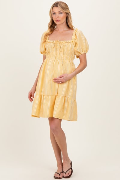 PinkBlush Yellow Gingham Smocked Ruffled Puff Sleeve Maternity Dress