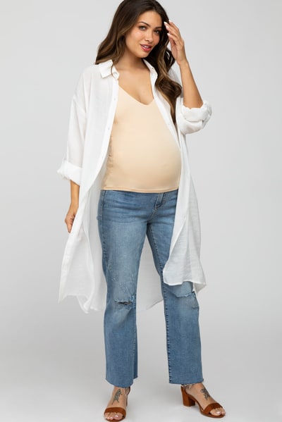 PinkBlush Ivory Button Front Side Slit Oversized Maternity Blouse