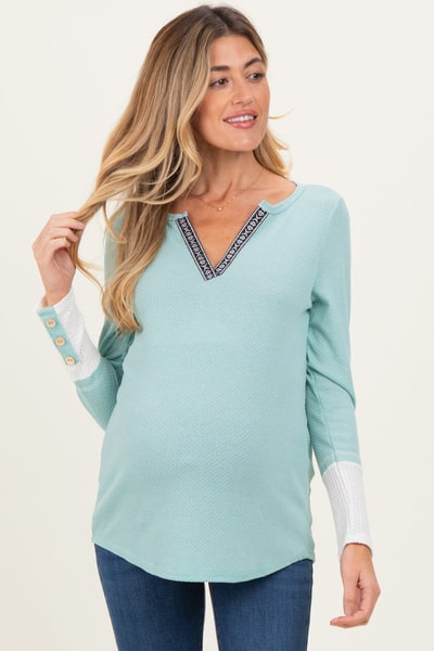 PinkBlush Mint Green Waffle Knit Colorblock Maternity Long Sleeve Top