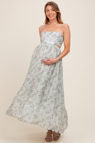 PinkBlush Light Sage Floral Scallop Edge Back Cutout Maternity Maxi Dress