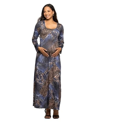 Target 24seven Comfort Apparel Maternity Blue Animal Print Long Sleeve Scoop Neck Maxi Dress