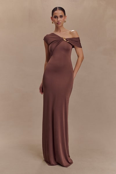 MESHKI Ashford Asymmetrical Slinky Maxi Dress - Chocolate