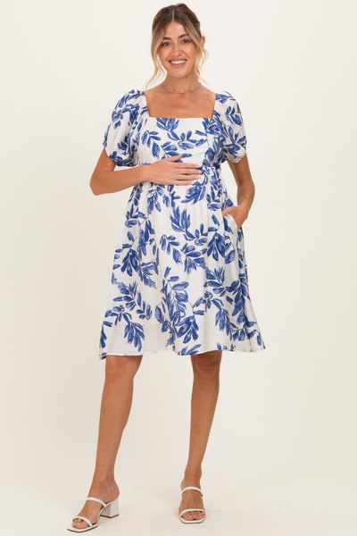 PinkBlush Blue Floral Puff Sleeve Maternity Dress