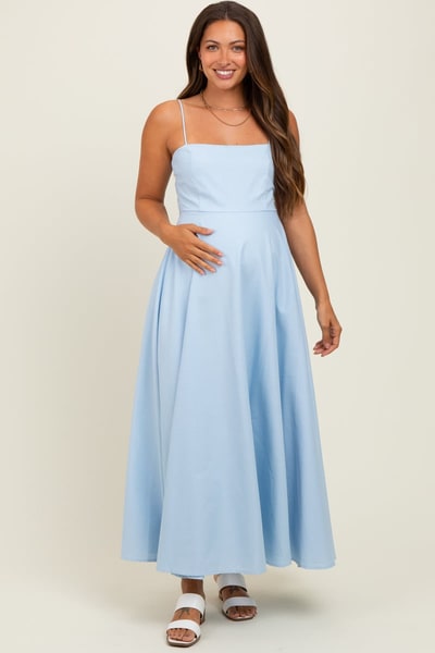PinkBlush Light Blue Linen A-Line Flared Maternity Midi Dress