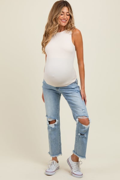 PinkBlush Light Blue Ripped Knee Fringe Hem Straight Leg Maternity Ankle Jeans
