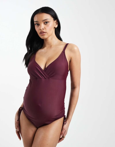 ASOS Mamalicious Maternity wrap front ruched side swimsuit in fig red