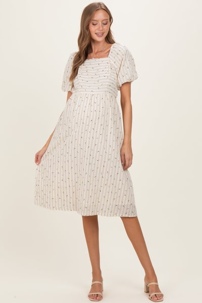 PinkBlush Beige Square Neck Striped Maternity Dress