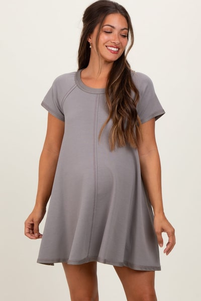 PinkBlush Mocha French Terry Basic Short Sleeve Maternity Mini Dress