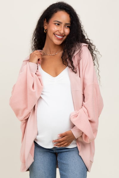 PinkBlush Pink Solid Terry Long Dolman Sleeve Vintage Maternity Hoodie