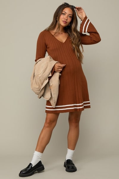 PinkBlush Mocha V-Neck Pleated Maternity Knit Dress