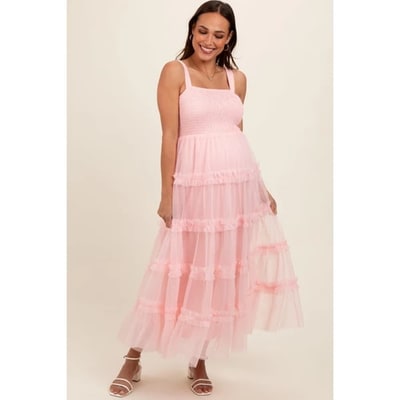 Target Pinkblush Light Pink Smocked Ruffle Tiered Tulle Maternity Midi Dress Large