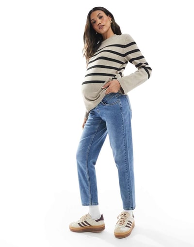 ASOS Mamalicious Maternity straight leg jeans with soft over the bump band in medium-blue wash