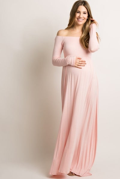 PinkBlush PinkBlush Pink Solid Off Shoulder Maternity Maxi Dress