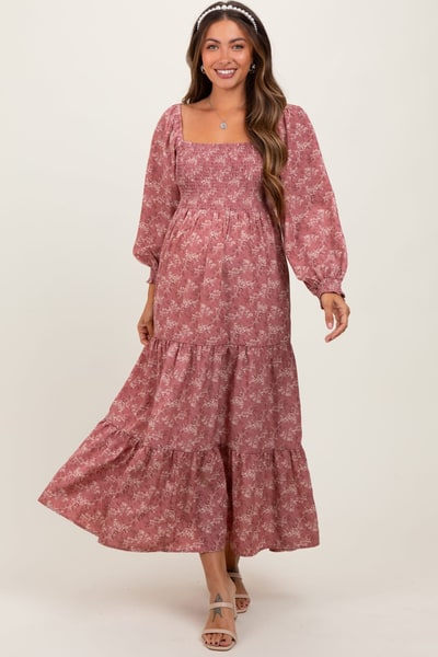PinkBlush Mauve Floral Smocked Square Neck Maternity Maxi Dress