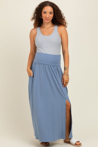 PinkBlush Light Blue Foldover Waist Side Slit Maternity Maxi Skirt