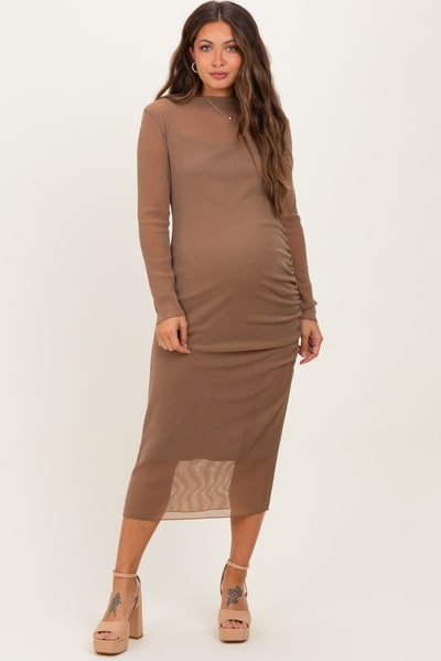 PinkBlush Mocha Shimmer Mesh Long Sleeve Ruched Maternity Midi Dress