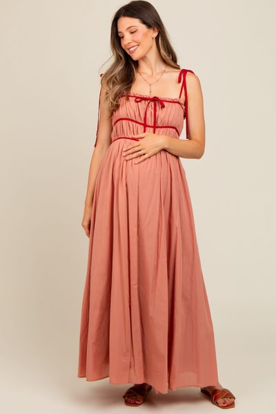 PinkBlush Salmon Contrast Ribbon Trim Maternity Maxi Dress